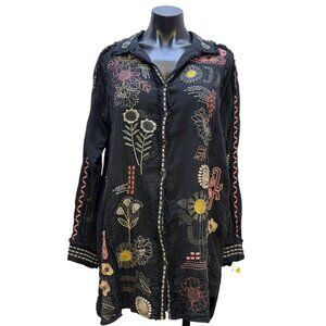 Biya Johnny Was Black Embroidered Floral Tunic Blouse L